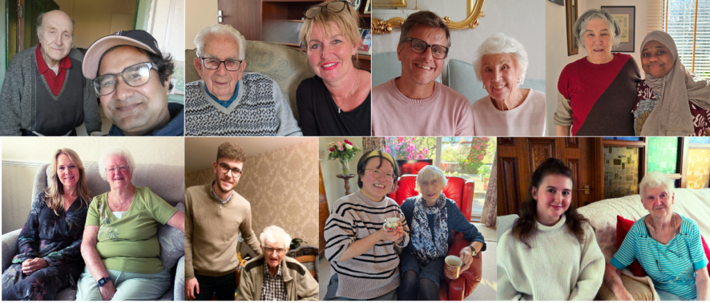 Photo collage of befriending pairings - older neighbours with their volunteer befrienders.